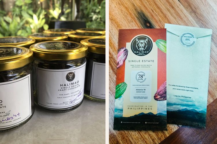 Chocolate shards in jars (2021) next to new resealable kraft envelope packaging (2026)